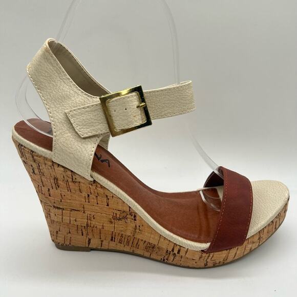 Diviana Sandal Womens Brown Cream 8 Ankle Strap Open Toe Wedge Sandal NEW - Picture 3 of 11
